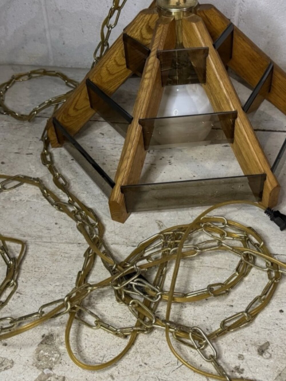 NEW! NOS 1970s Vintage Pendant Light Swag Lamp Hanging Wood Smoked Beveled Glass